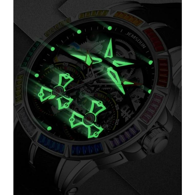 Men Luxury Rainbow Zircon Bezel Skeleton Quartz Watch Luminous Hands Waterproof Silicone Strap Hip Hop Sport Wristwatch Male Gift Clock