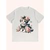 Women's Plus Size Round Neck Short Sleeve T-Shirt Cute Cat Floral Print Casual Home Street Fashion Top Black White