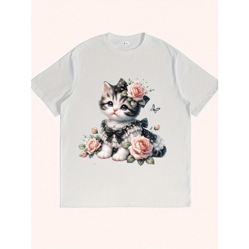 Women's Plus Size Round Neck Short Sleeve T-Shirt Cute Cat Floral Print Casual Home Street Fashion Top Black White