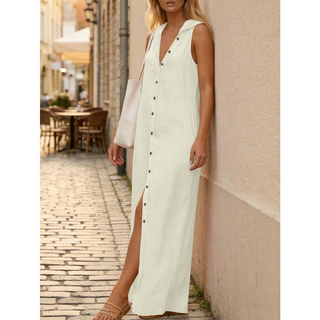 Spring Summer Solid Color Sleeveless Hooded Dress, Casual Single-breasted Cardigan Cover Up For Women
