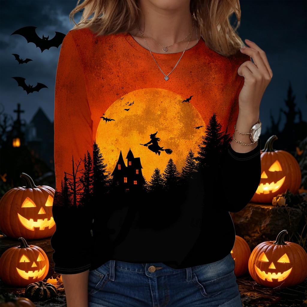 Womens Halloween Printed Pullover Sweatshirt Long Sleeve Crewneck Top Casual Lightweight Pullover Shirt for Fall and Winter
