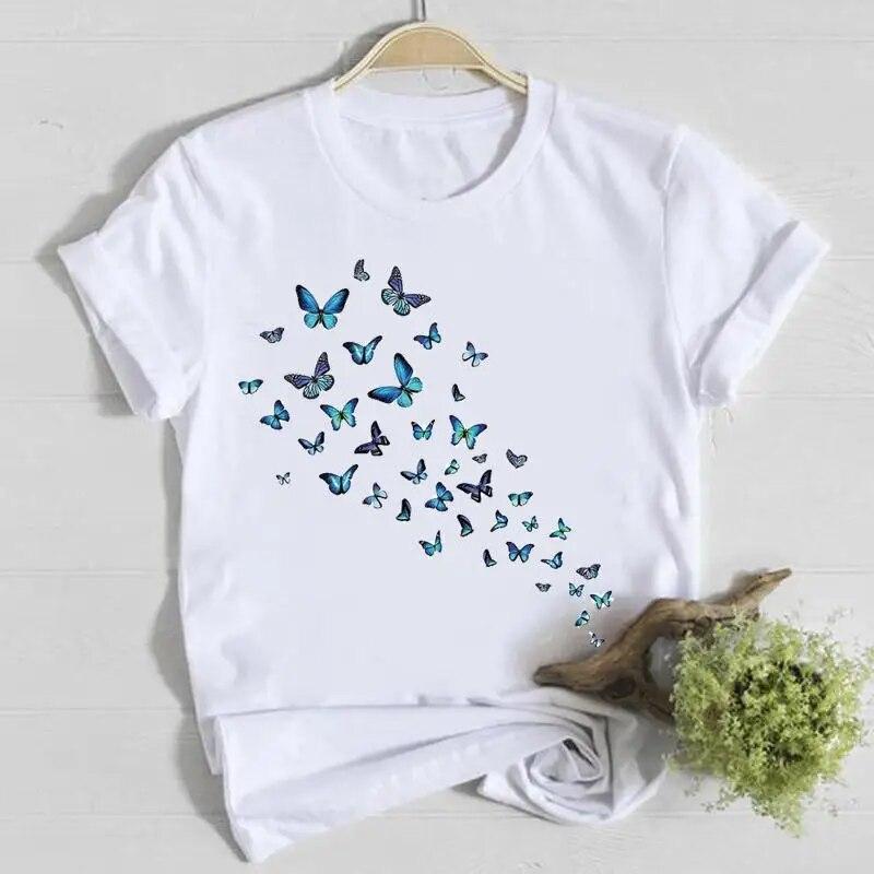 Butterfly Cute Sweet Lovely Casual Tee Top Short Sleeve Shirt Lady Clothes Fashion Tshirt Summer Female T Women Graphic T-shirts