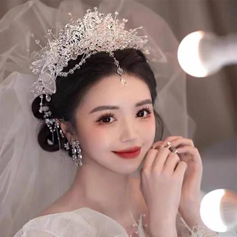 Crystals Bridal Headband with Forehead Chain Adjustable Wedding Crown/Ear Hangers Jewelry for Photography and Ceremony