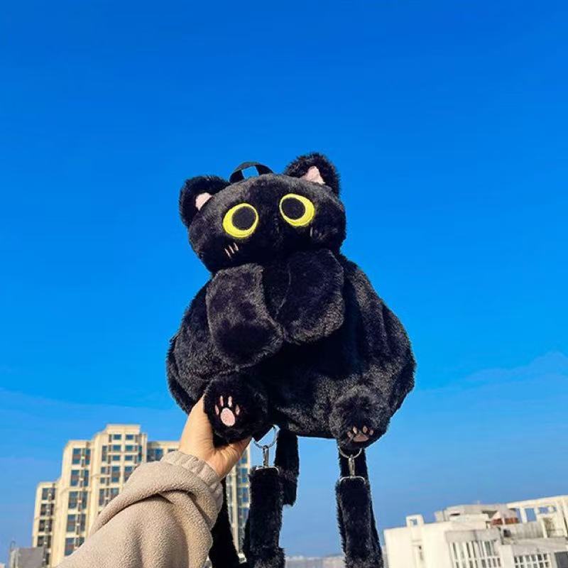 Black Cat Backpacks Big Eyes Kitten Doll Plush Kawaii Stuffed Animals Shoulder Bag Large-capacity Soft Toy Fashion Crossbody Bag