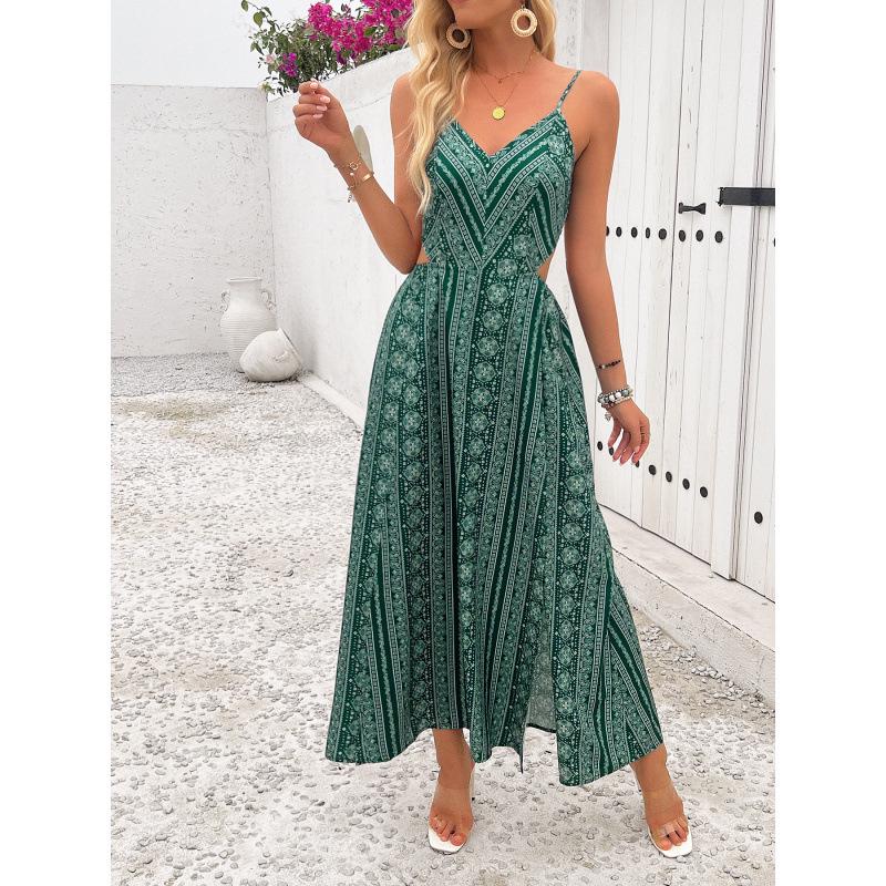 Silk Gauze Floral Backless Dress with Spaghetti Straps and Slit - European American Summer Style
