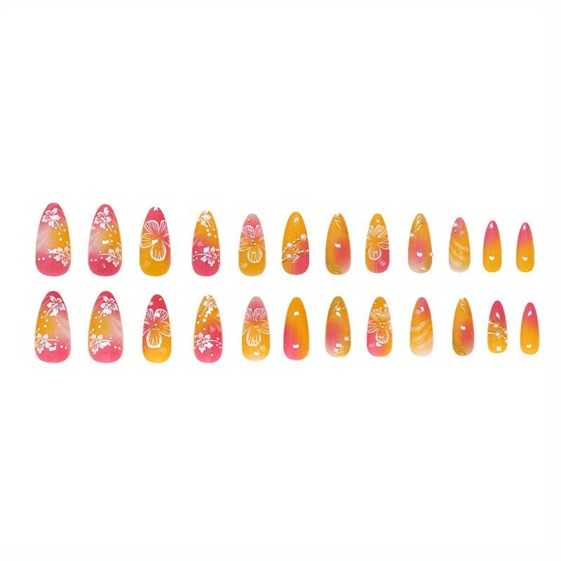 24 Stück Glänzende Aufklebenägel Mittlere Länge Mandelform, Florales Farbverlaufsdesign, Rosa & Goldene Glitzerakzente, Wiederverwendbare Künstliche Nägel für Hände & Füße