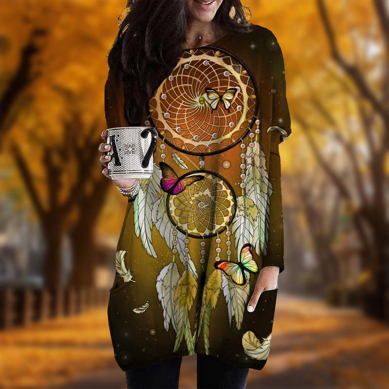 

Новинка осени Dreamcatcher Feather Print Plus Size Dress Women O neck Long Sleeves Casual Pocket Dresses 8XL