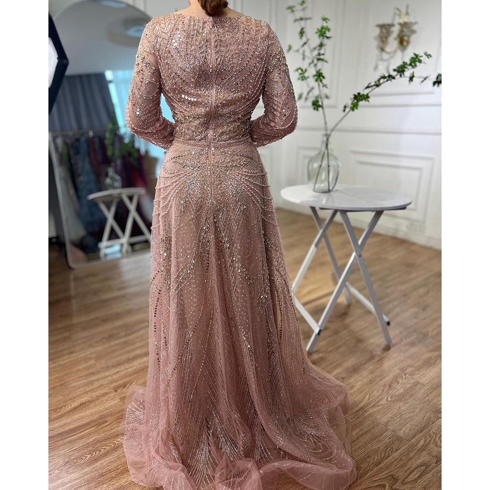 Serene hill rose gold V-neck long sleeves, slim and elegant banquet host evening dress LA10181L