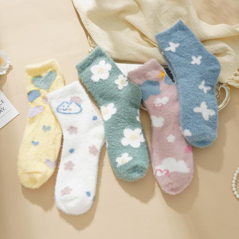 1/5pcs Women's Fall and Winter Thickened Mink Socks Cute Cartoon Pattern Warm Mid-calf Socks