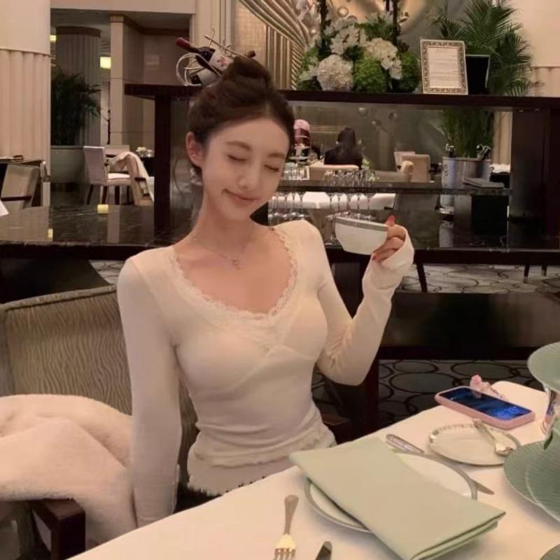 Women S Slim Fit Lace Splice Knit Top For Fall Winter