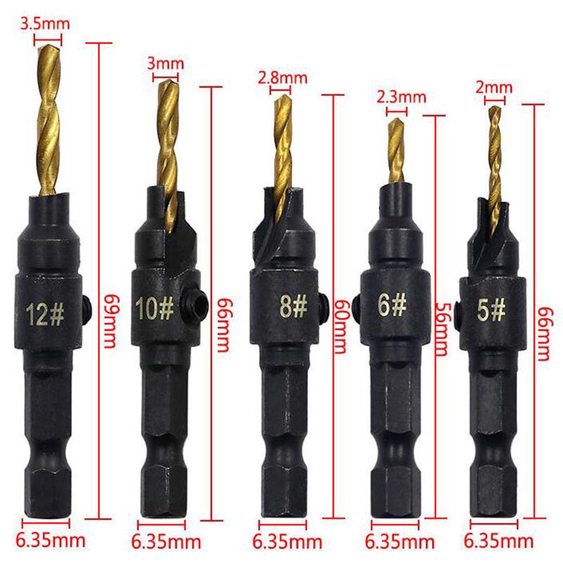 5Pcs 1/4'' Hex Shank Countersink Drill Bit Set HSS Woodworking Pilot Screw Holes