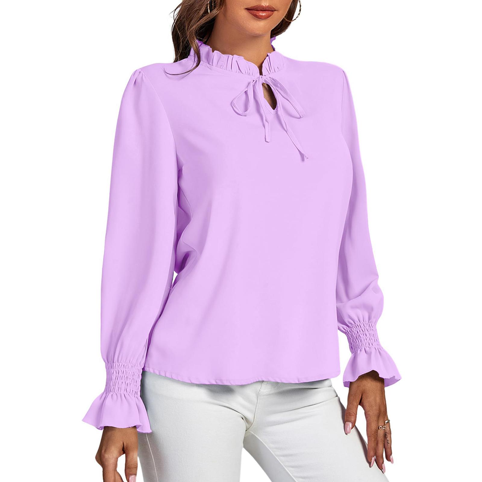 

Women s Ruffled Stand Collar Self-tied Pleated Lace Long Sleeve Elegant Shirt Top S фіолетовий