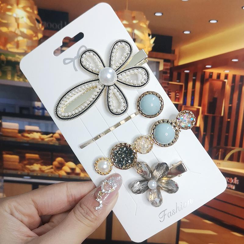 Korea Shiny Crystal Hair Clip Set Fashion Hair Accessories  Trend For Women Girl Pearl Rhinestone Hairpin Side Clip For Hair