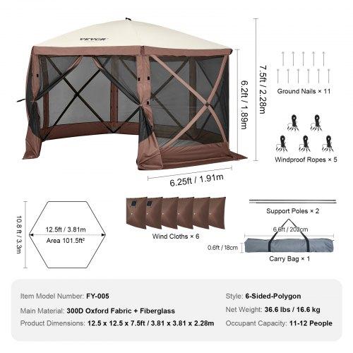 VEVOR Pop Up Gazebo Tent, Pop-Up Screen Tent 6 Sided Canopy Sun Shelter with 6 Removable Privacy Wind Cloths & Mesh Windows