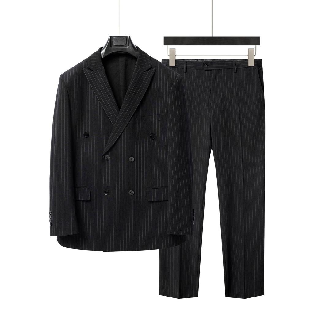 Men's Double-Breasted Striped Stretch Suit Set, Loose Fit, Plus Size for Big & Tall, Perfect for Weddings.