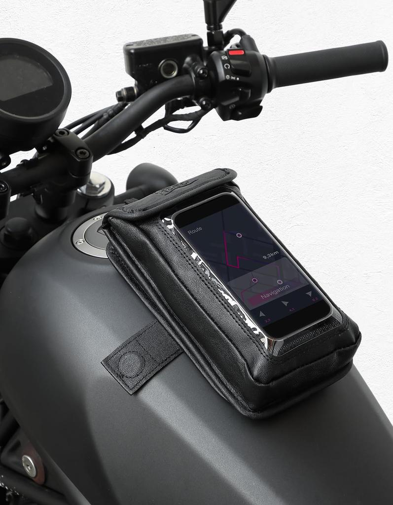 Kemimoto Motorcycle Tank Tilt Reduces Sunlight Reflection Prevents Smartphone Touchscreen Phone Card Universal for Iron Motorcycle Black Bag, Leather,