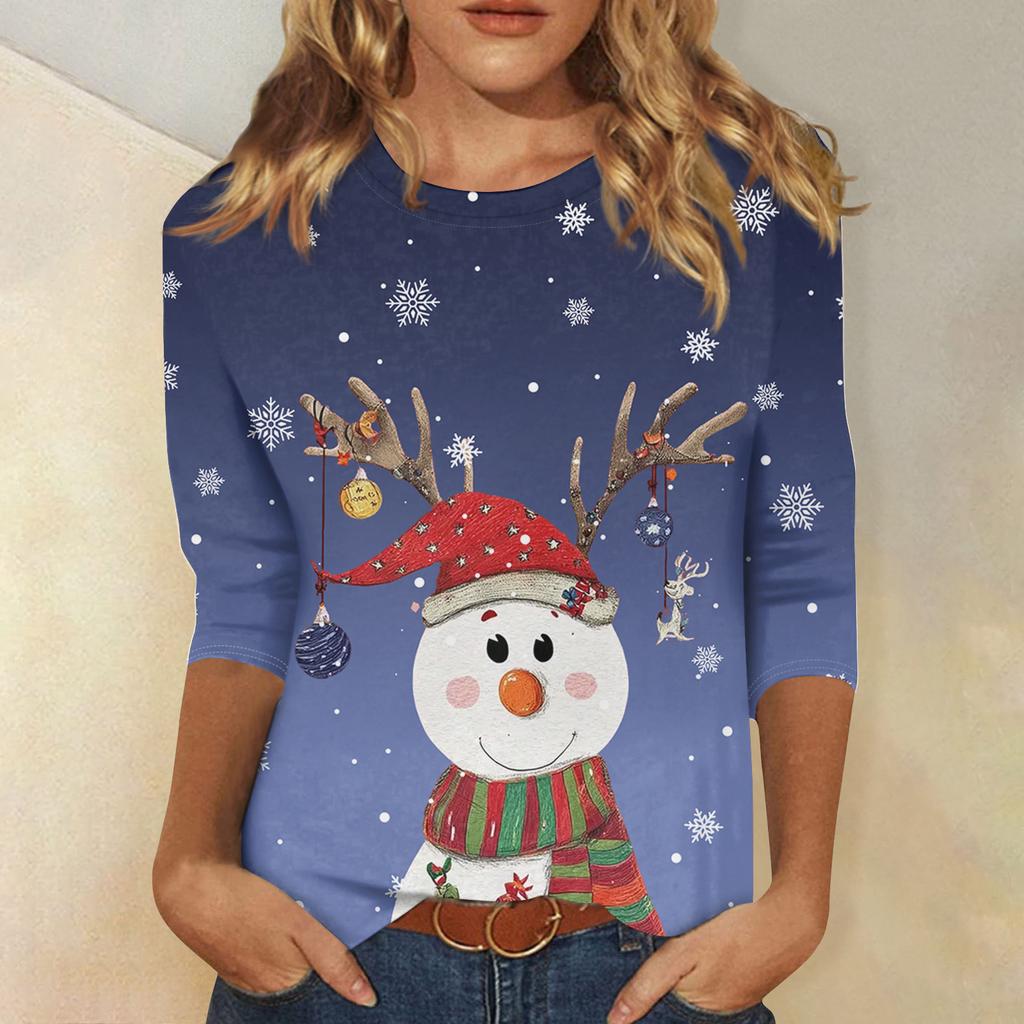 3/4-Ärmel-Shirts für Damen Druck Weihnachts-T-Shirts Blusen Lässig Übergröße Basic-Oberteile Pullover
