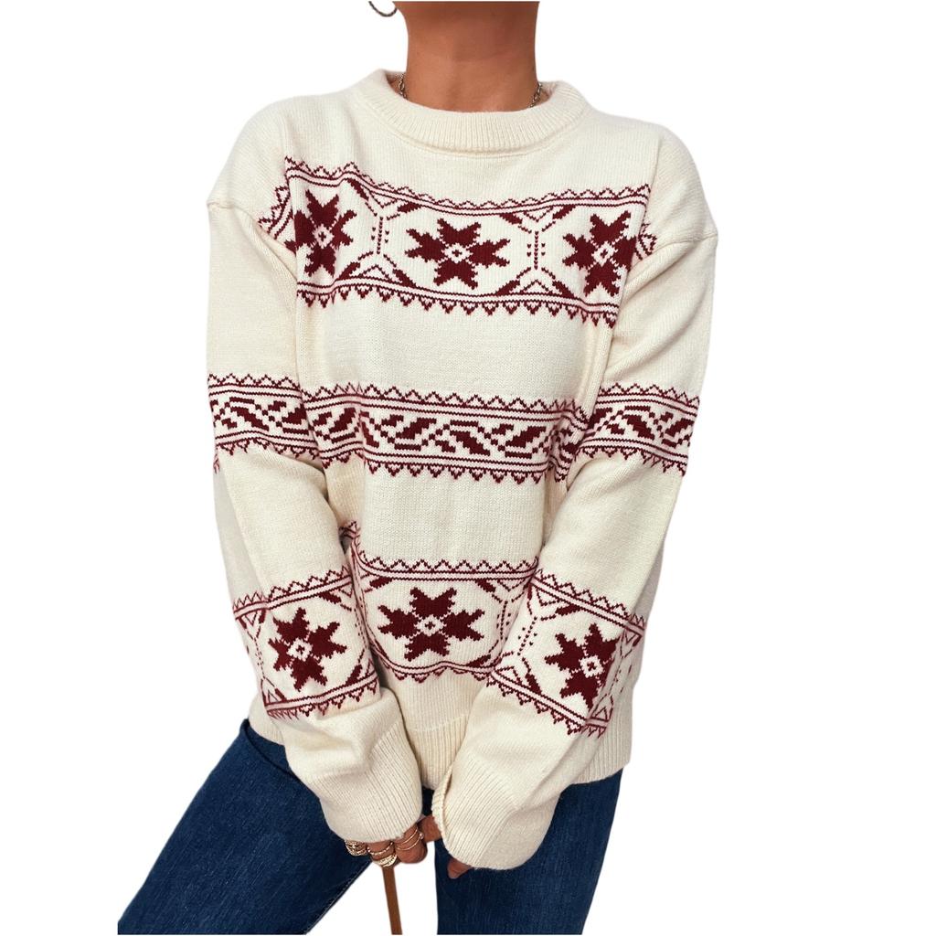 Women's Fashion Casual Christmas Sweater Snowflake Contrast Color Round Neck Knit Sweater Pullover Long Sleeve Loose Sweater