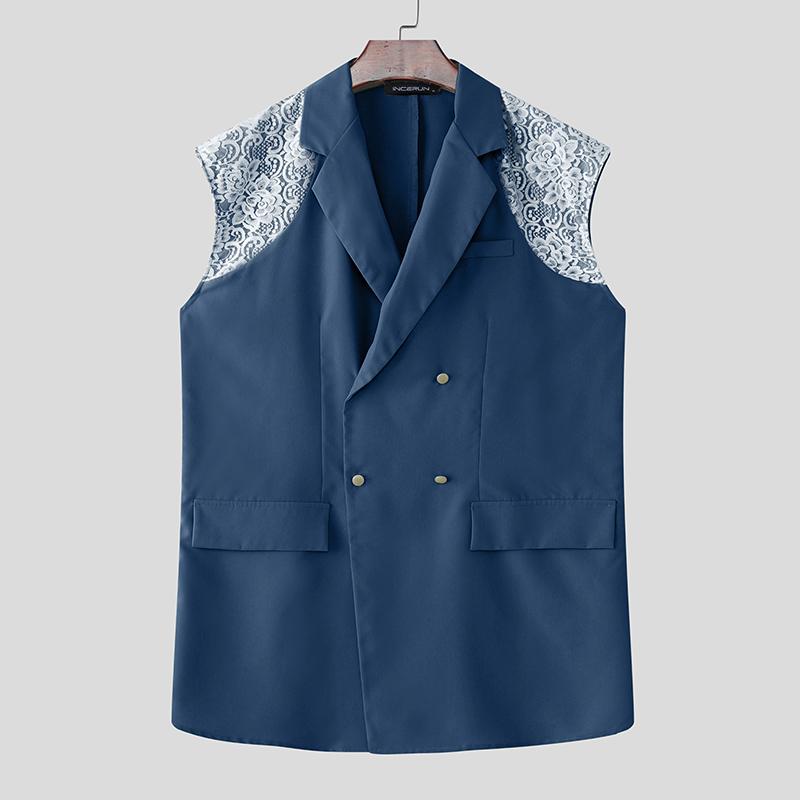 

INCERUN Oversized Men Lapel Lace Patchwork Sleeveless Casual Thin Long Vest Waistcoat L синий