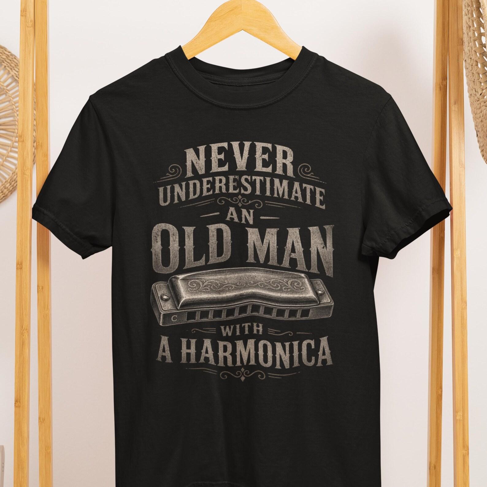 Old Man Harmonica Player T-Shirt, Blues Musician Gift, Vintage Harmonica Tee 4XL