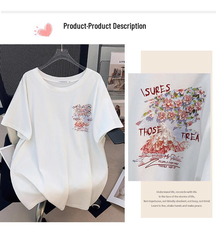 Women's Plus Size Loose Fit Mid-Length Round Neck T-Shirt with Short Sleeves and Slimming Design.