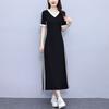 New V-neck A-word Skirt Casual Temperament Cover The Belly, Reduce The Age and Close The Waist Super Long Sports Dress Women's Black