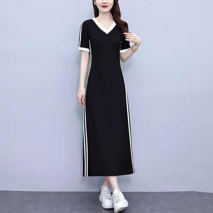 New V-neck A-word Skirt Casual Temperament Cover The Belly, Reduce The Age and Close The Waist Super Long Sports Dress Women's Black