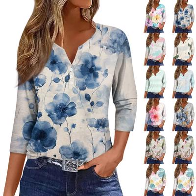 Women's Fashion Casual Printed V-Neck Short Sleeve Decorative Button Three-quarter Sleeve T-Shirt Top