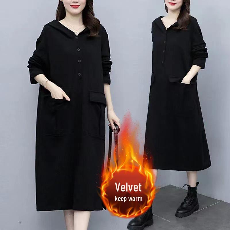 

Plus Size Hooded Long Sleeve Autumn Dress with Double Front Pockets, Slimming & Flaw-Hiding for Curvy Figures XL