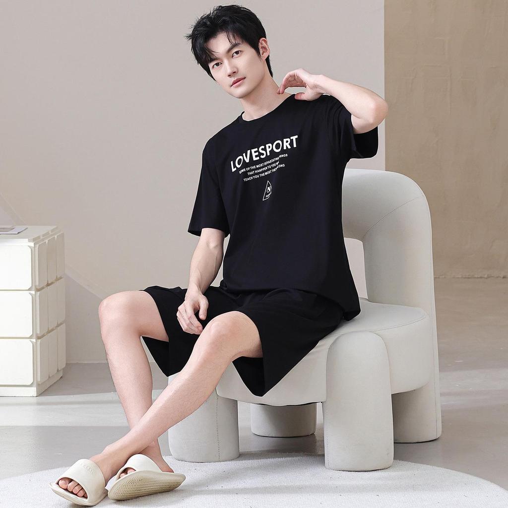 Men's Plus Size Cotton Summer Pajama Set - Thin Short-Sleeved Top & Shorts, Round Neck, Casual & Comfortable for Indoor/Outdoor Wear