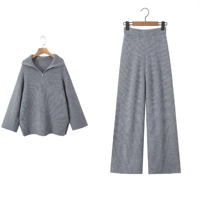 European and American Street Style Women's Loose Lapel High Waist Trousers and Knit Sweater Set