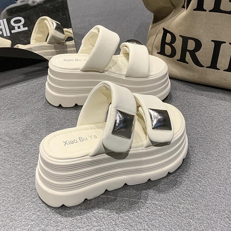 Fashion 8CM New Platform Slippers Women Summer Anti-slip High Heels Leather Chunky Sandals Casual Peep Toe Flip-flops Beach Wedge Shoes