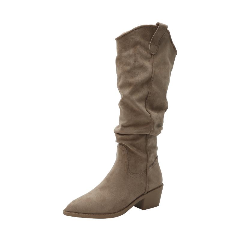 Suede Boots Women's Stacking Boots Autumn and Winter New Thick Heel Pointed V-mouth Thin Tall Western Cowboy Boots Knight Boots