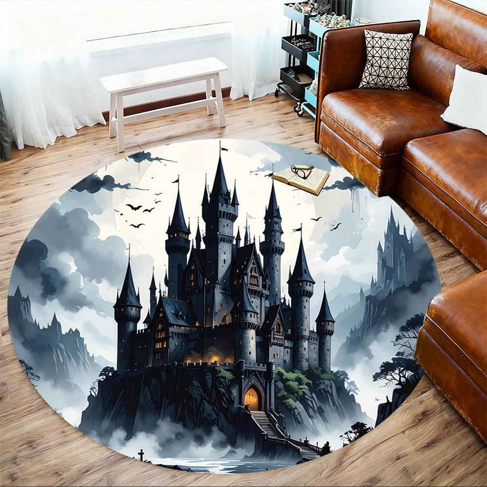 1 peça Tapete Redondo para Cadeira Castelo Assustador - Antiderrapante, Tapete de Chão para Escritório, Quarto e Decoração de Interiores -1002018