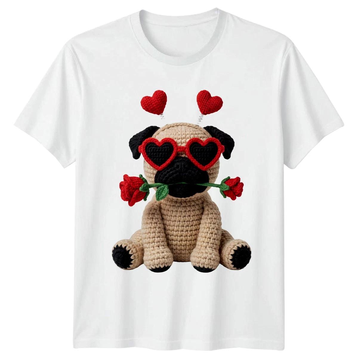 Pug With Hearts Valentines Day Mens T-Shirt Womens Tee Graphic Unisex Top XXXL