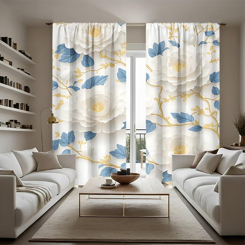 2PCS Digital Printed Curtains, White Flowers Blue Leaves Botanical Contrast, Window Drapes for Living Room Bedroom Home Decor