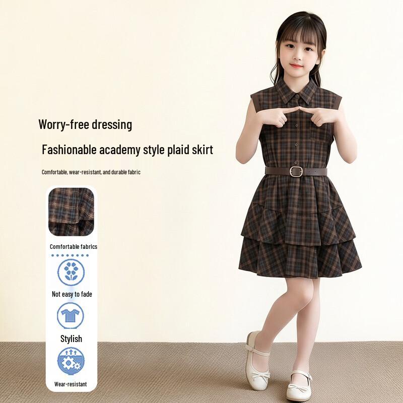 Girls  Academy Style Plaid Sleeveless Summer Dress 150