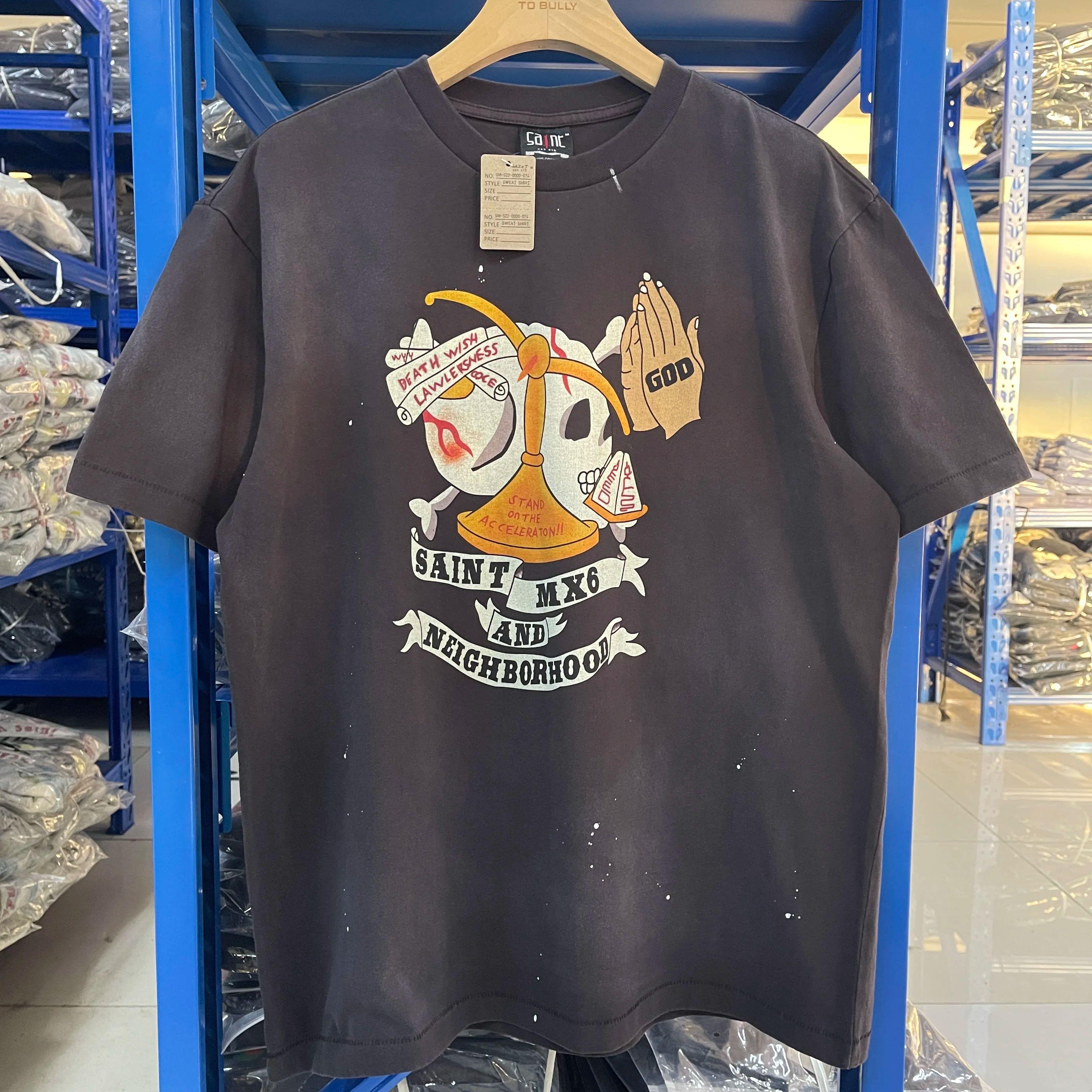 

Винтажная футболка Saint 25SS NBHD с креативным принтом, уличный стиль, стирка, ретро, свободная, повседневная, чистый хлопок, короткий рукав S