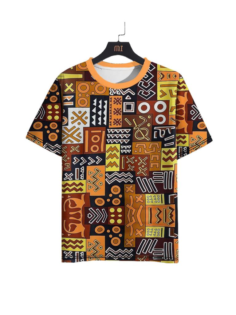 Vintage Ethnic Style Pattern Printed Men's T-Shirt Outdoor Casual Round Neck Short-Sleeved Tops Street Male Oversized Clothing