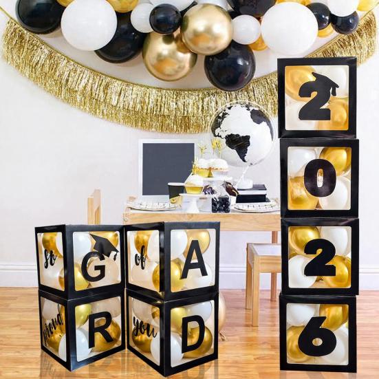 4 Pcs 2026 Grad Balloon Boxes Black Balloon Boxes with Letters So Pround of You Graduation Party Decoration for College High School Class of 2026