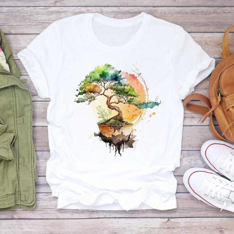 (European Size) 90s Tee Top Clothing Flower Watercolor Trend Cute Casual Short Sleeve Fashion T-shirt Women Print Lady Female Graphic T-shirt