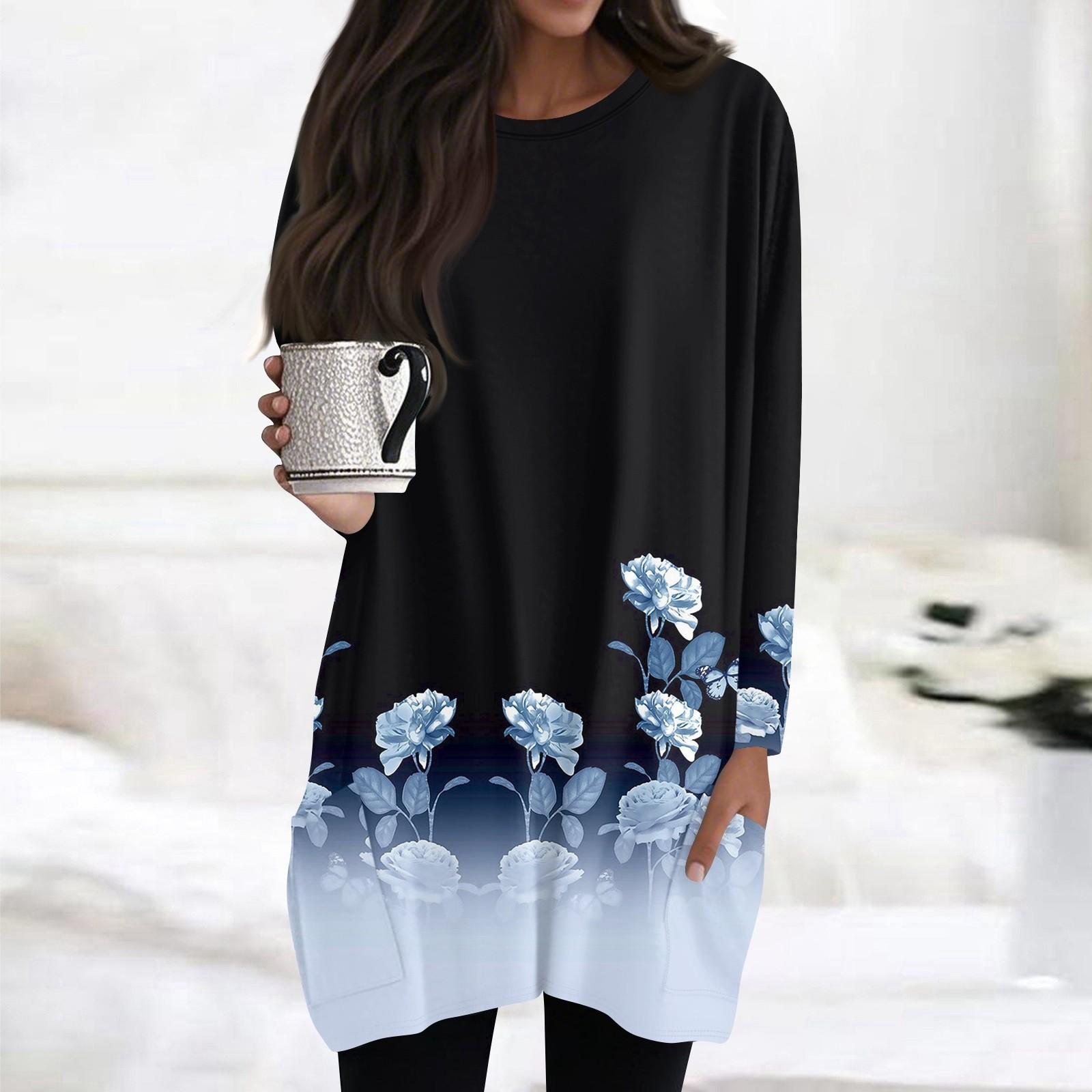 

Женские топы с круглым вырезом, блузки с длинным рукавом, повседневные рубашки средней длины, модные туники с принтом и карманами XL