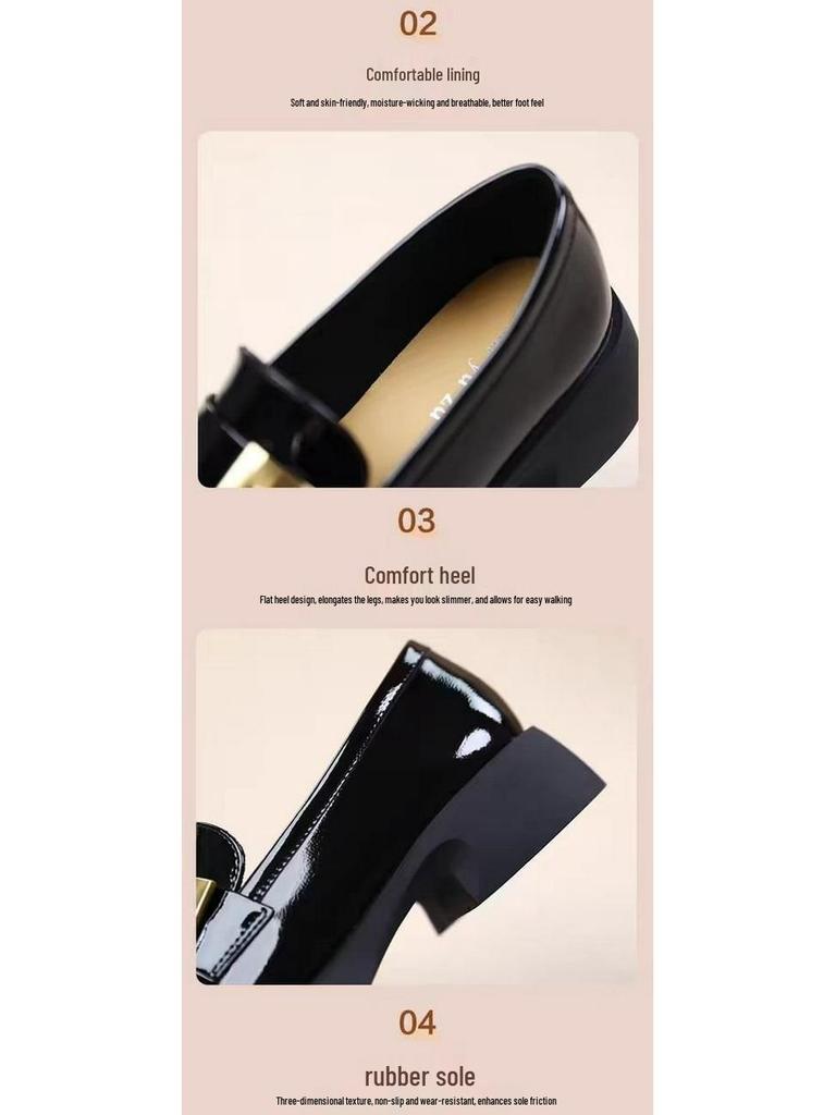 2024 Britischer Stil Vintage Slipper Lackleder Loafer für Damen mit Blockabsatz und Metallschnalle
