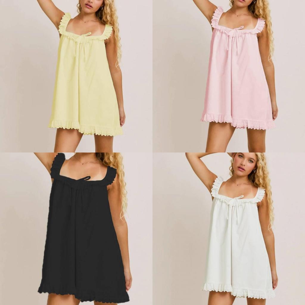 Polyester Summer Beach Dress For Women With Ruffled Lace And Bow Ties For Vacation Style