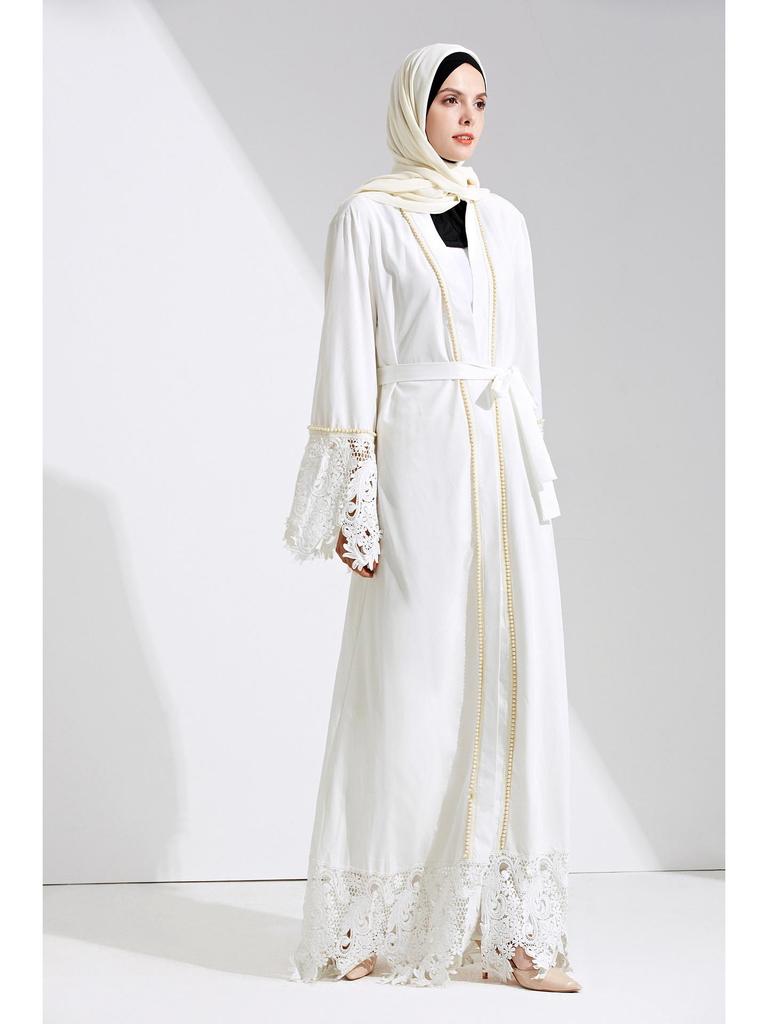 Vit Spets & Pärla Dubai Kofta med Bälte - Mellanösternklänning