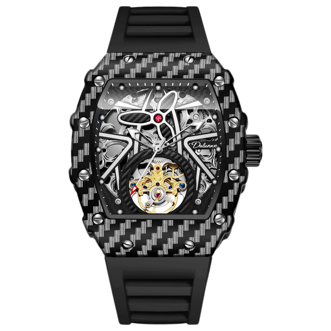 

Креативные водонепроницаемые светящиеся мужские механические часы с маховиком и полым автоматическим механизмом в форме бочки, праздничный подарок чёрный