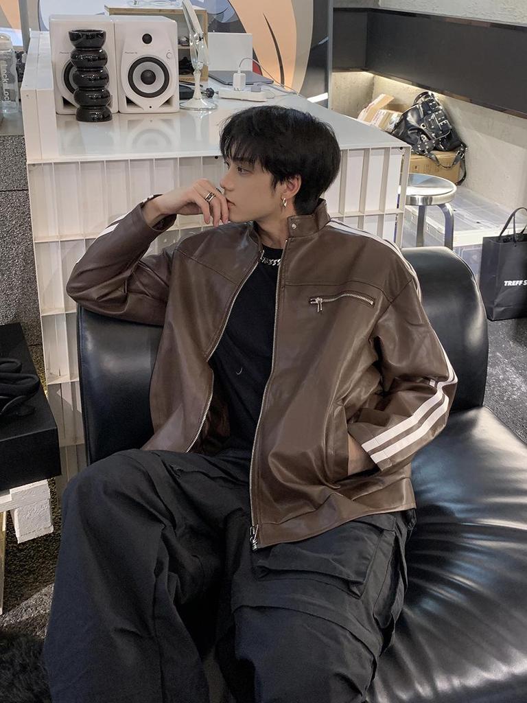 Herren American Retro Gestreifte Maillard Lederjacke - Frühling/Herbst, Design-Fokus PU Schulter