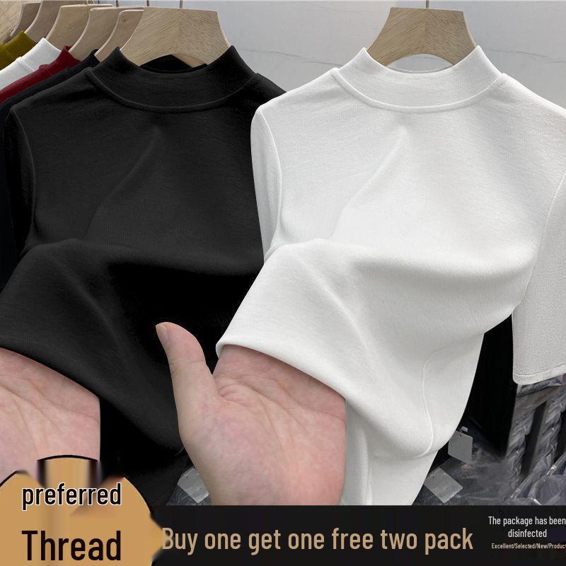 Chic High-Neck Slimming Mid-Sleeve Top (1/2 Piece) - Fashionable Natural Shoulders, Ideal for Spring/Autumn Layering, Body-Conscious Women's T-Shirt