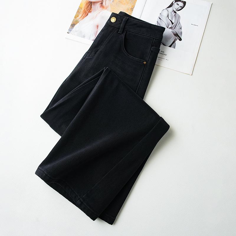 2024 Women's Plus Velvet Black Wide-Leg High-Waist Slim Fit Winter Jeans