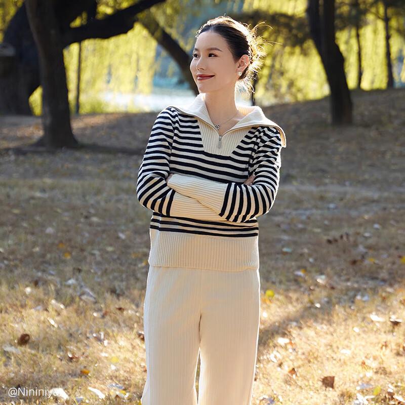 GOELIA Women's Striped Lapel Knit Sweater